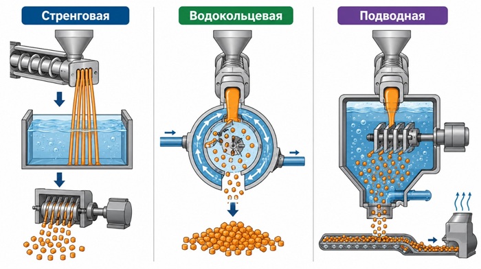 Стренговая, водокольцевая и подводная грануляция различаются способом резки и охлаждения полимерного материала.